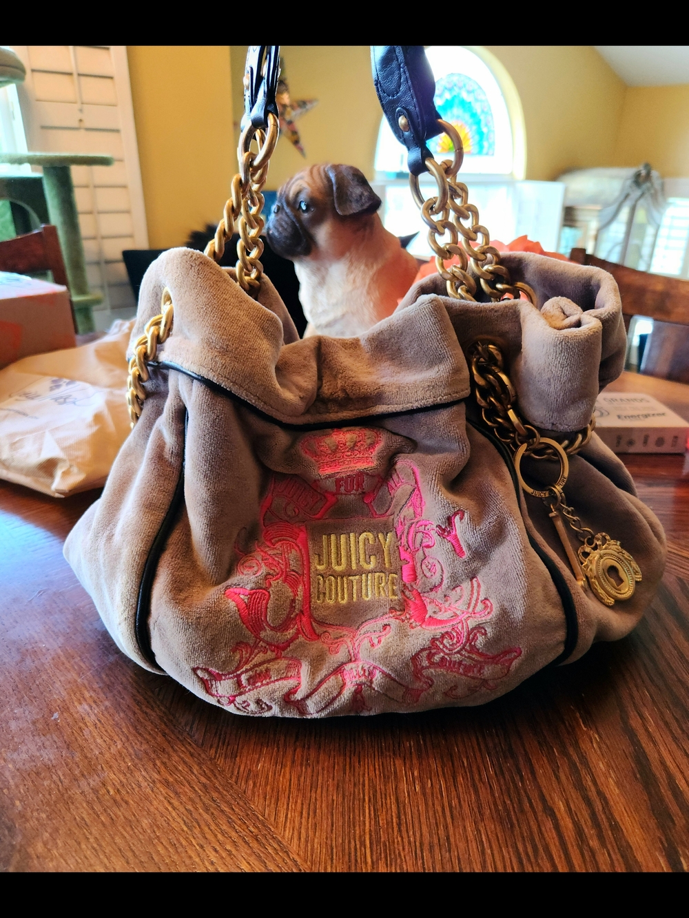 Juicy Couture Y2k Grey Velour Chain-Handle Shoulder Bag with Pink Embroidery